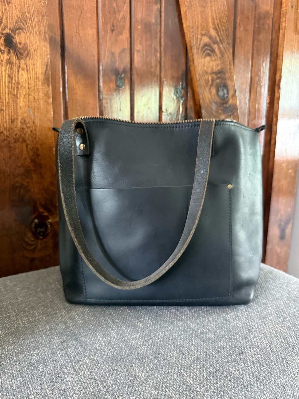 Portland Leather Black Shoulder Tote with Suede Strap